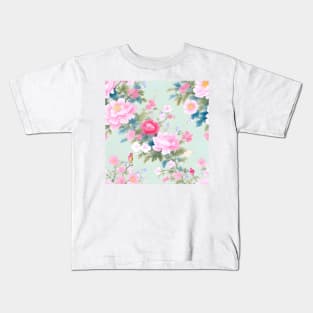 Soft watercolor flowers and birds on mint green Kids T-Shirt